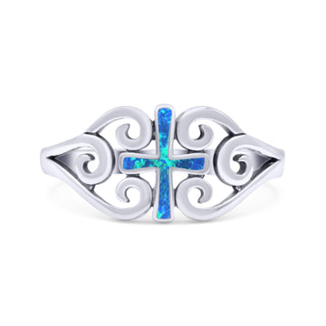 Cross Wedding Engagement Ring Lab Created Blue Opal 925 Sterling Silver